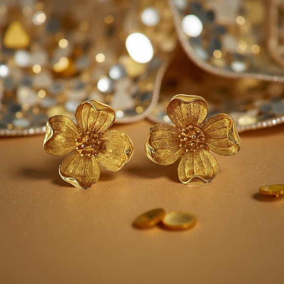 Crown  Trifari Gold Tone Dogwood Flower Earrings clip ons - Picture 4 of 4